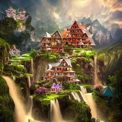 Image similar to waterfall village, by benoit mandelbrot, filip hodas, vincent callebaut, and mike campau