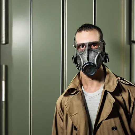 Prompt: UHD hyperrealistic photorealistic detailed image of a man in a rugged, worn trench coat wearing a gas mask, standing in front of an laboratory door, in a ruined and dark underground lab, readying himself for combat with a green/brown/gray undertone, inspired by the Stalker video game series