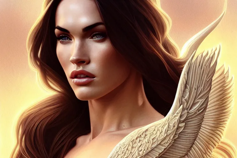 Image similar to portrait of megan fox as an blonde angel, wings, intricate, headshot, highly detailed, digital painting, artstation, concept art, sharp focus, cinematic lighting, illustration, art by artgerm and greg rutkowski, alphonse mucha, cgsociety