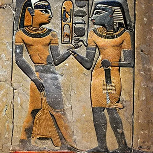 Image similar to ancient egyptian art depicting grey aliens fighting with dinosaurs