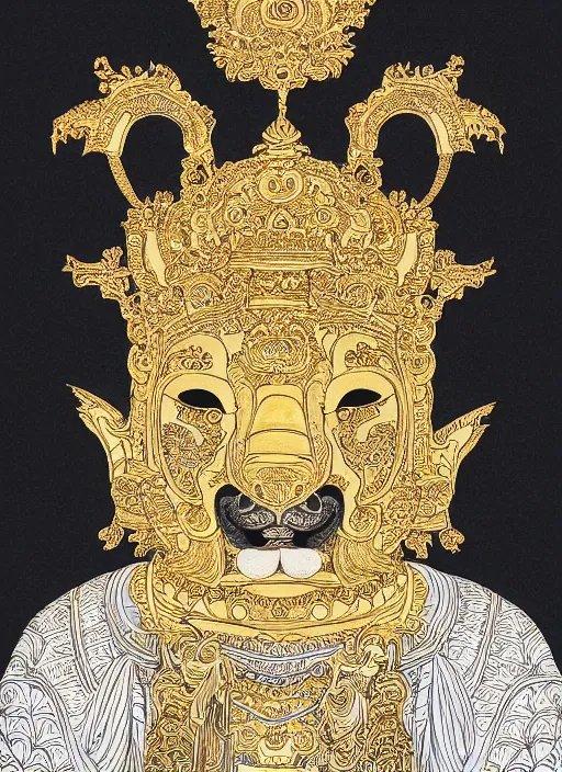 Image similar to detailed pen and ink art of an anthropomorphic asian black bears head on Buddhist bodhisattva body, seated in royal ease, 0.1 black micron pen on white paper, gilded gold halo behind head, 24K gold leaf, reflective, beautiful, highly detailed, fine pen work, white background