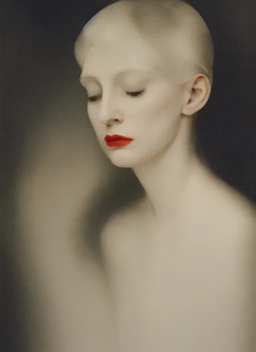 Image similar to out of focus photorealistic portrait of a beautiful!!! aesthetic!!! pale young woman by sarah moon, very blurry, translucent white skin, closed eyes, foggy