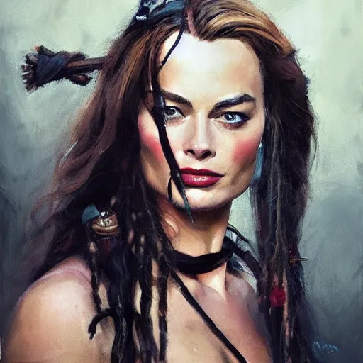 Image similar to greg manchess portrait of margot robbie as captain jack sparrow, epic grimdark, fantasy, medium shot, asymmetrical, profile picture, organic painting, sunny day, matte painting, bold shapes, hard edges, street art, trending on artstation, by huang guangjian and gil elvgren and sachin teng