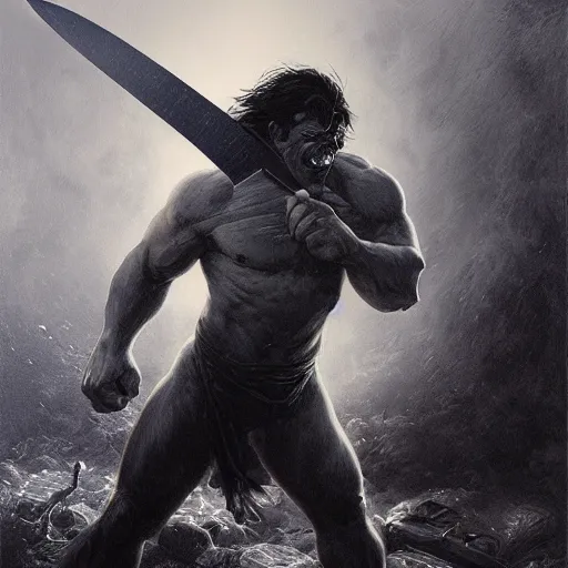 Image similar to artstation concept a midnight blue hulk jolding a meat cleaver, dusty, hyperdetailed, artstation trending, world renowned artists, worth 1 0 0 0. com, historic artworks society, antique renewel, cgsociety, by greg rutkowski, by gustave dore, deviantart