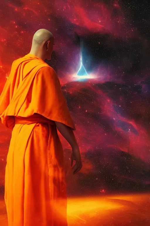 Image similar to portrait of a monk in a spaceship, looking at a nebula, orange robe, dramatic lighting, artstation, matte painting, ralph mcquarrie