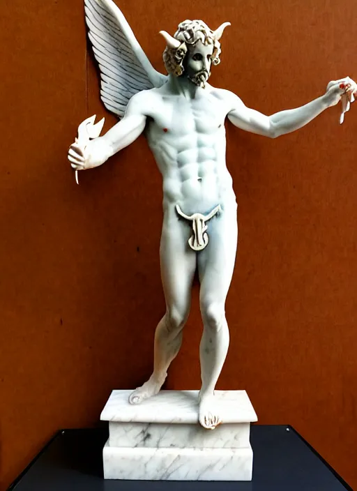 Prompt: art nouveau marble statue of tom ellis ( lucifer ) as a winged demon