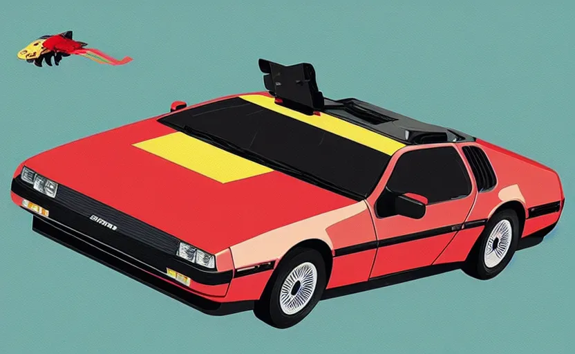 Image similar to a red delorean with a yellow tiger, art by hsiao - ron cheng & shinya edaki in a magazine collage style, # de 9 5 f 0