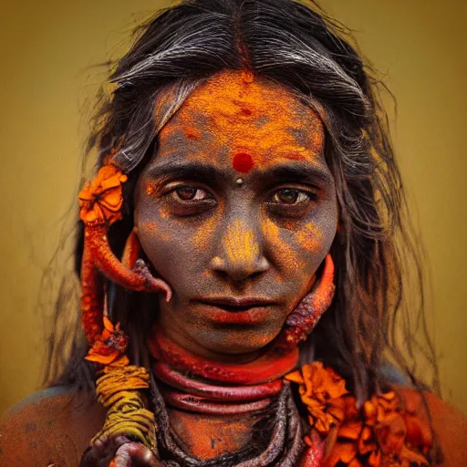 Image similar to realistic exposed expired fuji film portrait of aghori india woman covered in ash, tentacled creature mix, marigold celestial vibe, hyperrealism, hypermaxiymalism, photorealistic, detailed, atmospheric, 8 k, award winning photography, cinematic