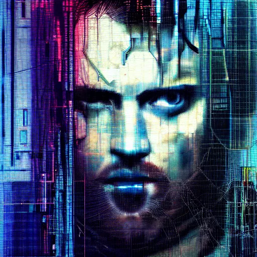 Image similar to hyperrealistic portrait of a cyberpunk man, long hair, by Guy Denning, Johannes Itten, Russ Mills, glitch art, hacking effects, glitch effects, digital tech effects, cybernetics, detailed lines, holographic, chromatic, color blocking!, front view, oil on canvas, octane, concept art, abstract, blue and black, 8k, cinematic, trending on artstation