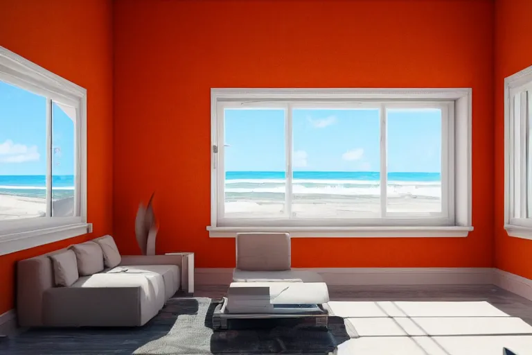 Image similar to a room with orange walls white floor contrabas, a big window with a view of the beach and sea, beautiful cinematic masterpiece very detailed