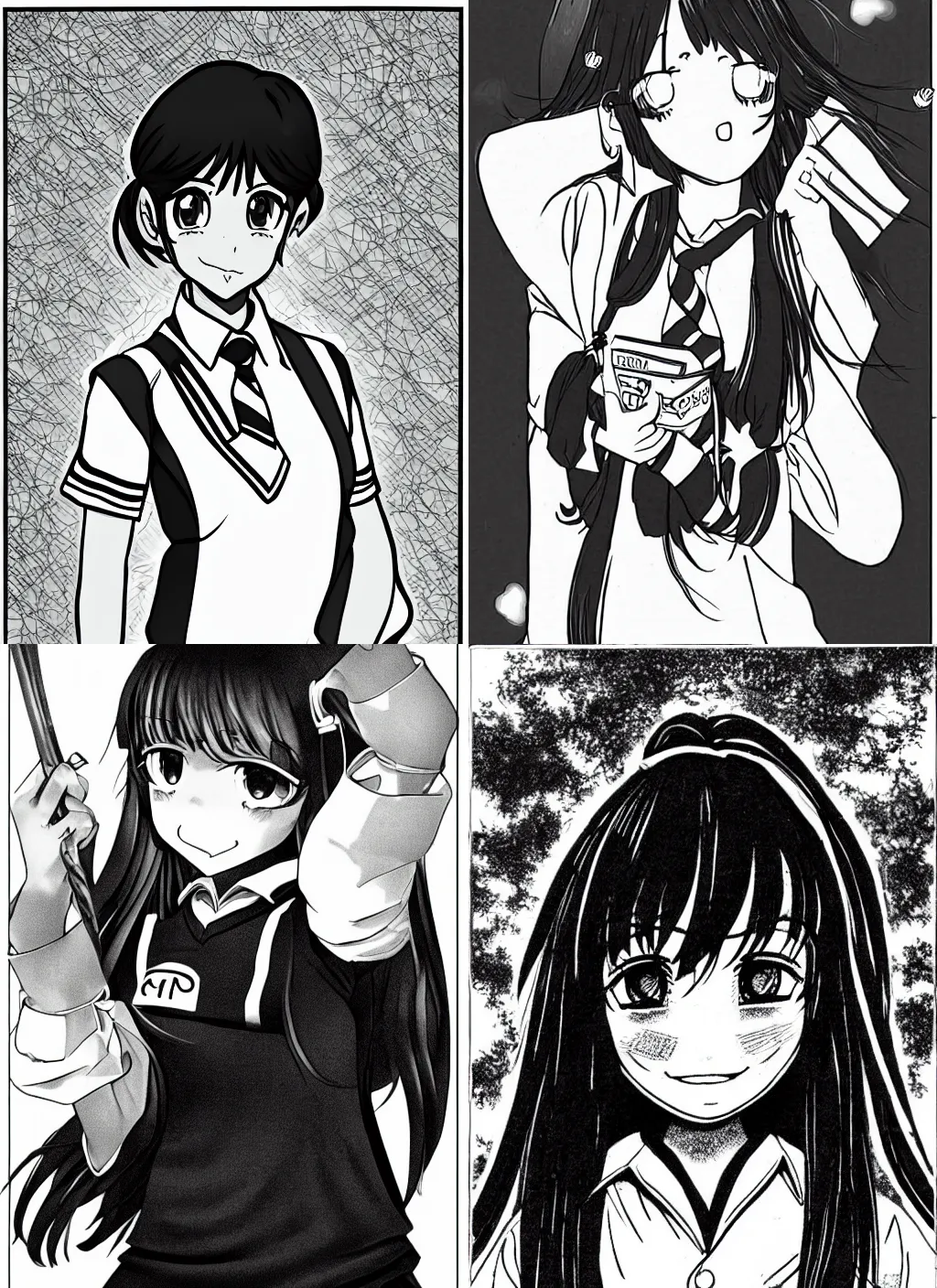 Prompt: sri lankan angry school girl, wearing a white school uniform, in the style of 80\'s manga, black and white, drawn, detailed