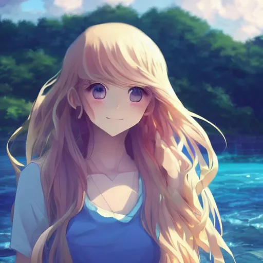 Image similar to a very beautiful anime girl, full body, long wavy blond hair, sky blue eyes, full round face, short smile, cute top, short jeans, summer lake setting, cinematic lightning, medium shot, mid-shot, highly detailed, trending on Artstation, Unreal Engine 4k, cinematic wallpaper by Stanley Artgerm Lau, WLOP, Rossdraws, James Jean, Andrei Riabovitchev, Marc Simonetti, and Sakimichan