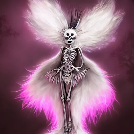 Prompt: photorealistic painting of a skeleton fae fox character, long fluffy white fur, mage clothes inspired by a melanistic peacock, 9 brilliant peacock tails that shimmer like crow feathers, painted by a master artist, sparkles, pink cloud background, vhs effect, dnd beyond, fae, neon, photo realistic, renaissance, trending on art station