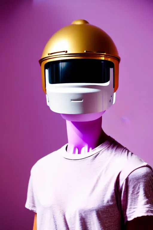 Image similar to a high definition film photograph of a normal androgynous robot human wearing a plain white t - shirt, in a pastel pink room. happy. metal visor covering eyes. metallic shiny gold coloured helmet. crushed shadows.