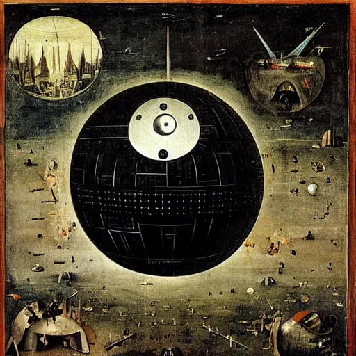 Image similar to the death star, by Hieronymus Bosch