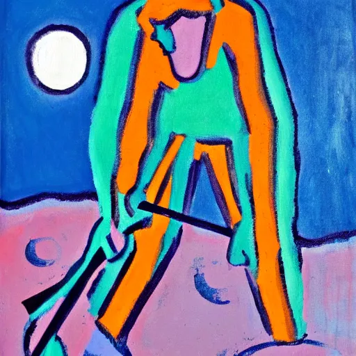 Image similar to a fauvist painting of a man deep in a hole with a shovel, after sunset,