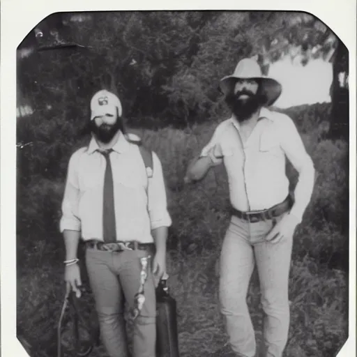 Image similar to photorealistic 8 0's polaroid of an eccentric expeditionary bearded archaeologist with luggage and a rich clean - shaven suave handsome aristocrat standing next to him