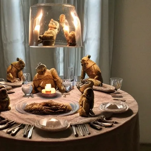 Image similar to tardigrade!!! dining room in a dark mansion, realistic, highly detailed, rests of food, candle lighting