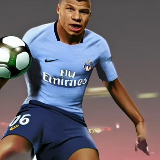 Prompt: kylian mbappe playing ea sports fifa at home