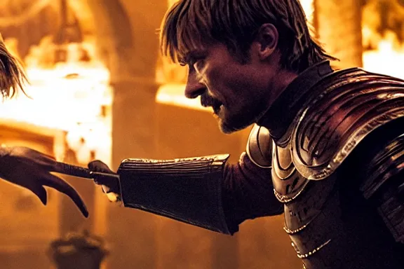 Image similar to very very intricate photorealistic photo of jaime lannister fighting cersei, photo is in focus with detailed atmospheric lighting, award - winning details