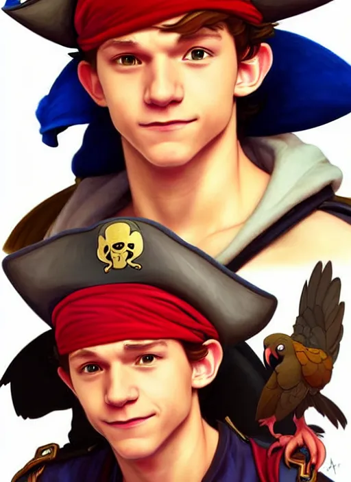 Image similar to cute tom holland as a pirate captain. parrot on his shoulder, natural lighting, path traced, highly detailed, high quality, digital painting, by don bluth and ross tran and studio ghibli and alphonse mucha, artgerm