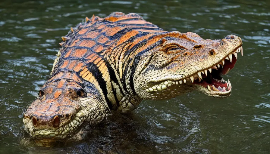 Image similar to an alligator tiger!!! hybrid! hyper realistic!! realistic lighting!! wildlife photographer of the year!!! bold natural colors, national geographic, hd, wide angle, 8 k