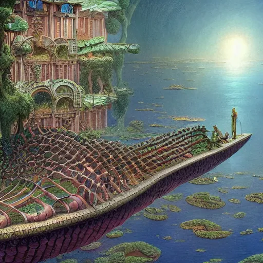 Image similar to a beautiful render of a floating society by hubert robert and daniel merriam and roger dean and jacek yerka, alex grey style, soft lighting