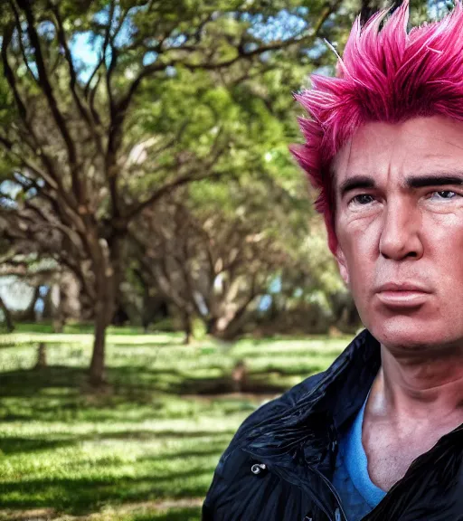 Image similar to award winning 5 5 mm close up portrait color photo of super saiyan trump, in a park by luis royo and stefan kostic. soft light. sony a 7 r iv