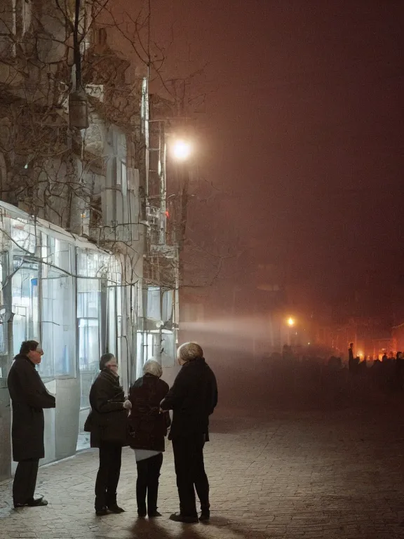 Image similar to film still of post - soviet suburbs, lights are on in the windows, deep night, post - soviet courtyard, cozy atmosphere, light fog, street lamps with orange light, several birches nearby, several elderly people stand at the entrance to the building