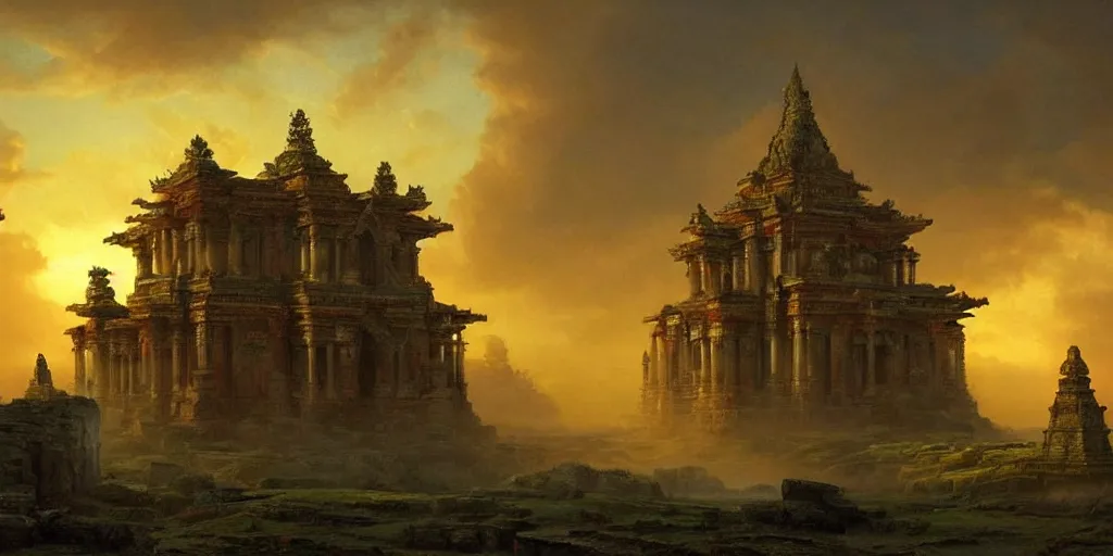 Image similar to beautiful hyperrealistic spectacular painting of a mysterious temple with a timemachine advanced technology with a green-glowing-crystal from the future, by Rapahel Lacoste and Hubert Robert and Lee Madwick, dramatic sunset lighting, advanced technology