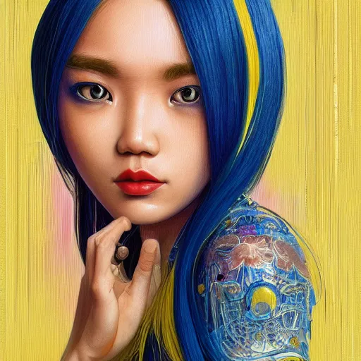 Image similar to symmetry!! portrait of a filipino cute girl blue - yellow hair, nasal strip, cyborg body, intricate, elegant, highly detailed, my rendition, digital painting, artstation, concept art, smooth, sharp focus, illustration, art by artgerm and greg rutkowski and alphonse mucha and uang guangjian and gil elvgren and sachin teng