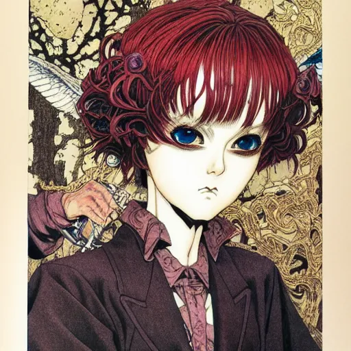 Image similar to prompt: Portrait painted in neo-gothic style drawn by Katsuhiro Otomo and Takato Yamamoto, inspired by Fables, china doll face, smooth face feature, intricate oil painting, high detail, sharp high detail, manga and anime 2000