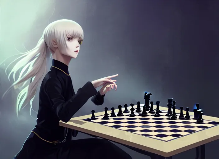 Prompt: a pale ilya kuvshinov playing chess, with golden eyes, straight sky blue hair, long bangs, black jacket, high collar, concept art, award winning photography, digital painting, cinematic, by wlop, anime key visual, wlop, 8 k, by ross tran, tom bagshaw, andy warhol