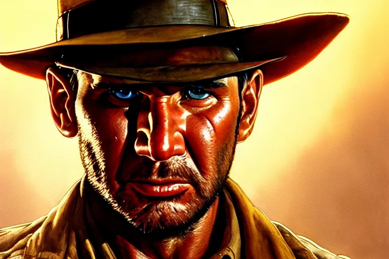 Image similar to hyperrealistic mixed media painting of Indiana Jones, perfect facial symmetry, dim volumetric lighting, 8k octane beautifully detailed render, post-processing, portrait, extremely hyper-detailed, intricate, epic composition, realistic eyes, cinematic lighting, masterpiece, trending on artstation, stunning, art by P. Craig Russell and Barry Windsor-Smith