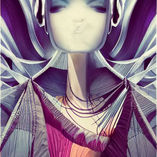 Image similar to 3 / 4 view of a female dancer wearing an origami dress, eye - level medium shot, elegant, by eiko ishioka, givenchy, philippe druillet, by peter mohrbacher, centered, fresh colors, origami, fashion, detailed illustration, vogue, high depth of field, japanese, reallusion character creator