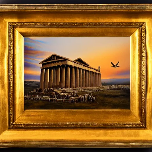 Image similar to the Parthenon with wings, flapping its wings flying in sunset sky, oil on canvas, portrait, intricate, 8k highly professionally detailed, HDR, CGsociety