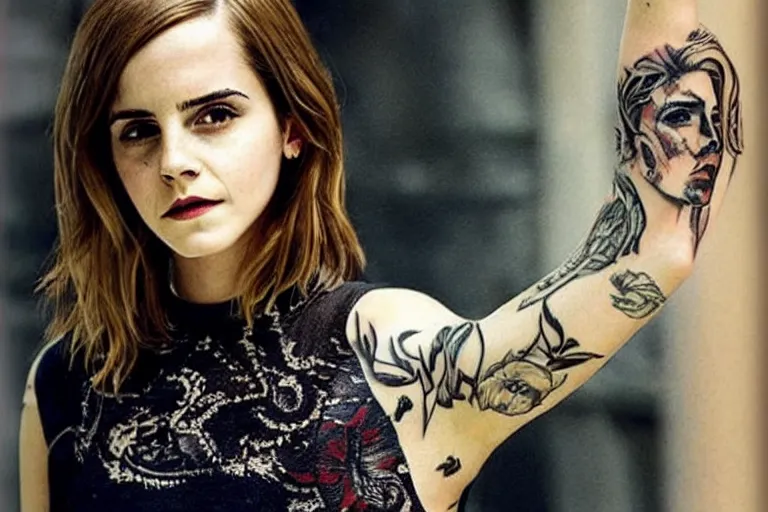 Image similar to emma watson, dope tattoo, hyperrealistic