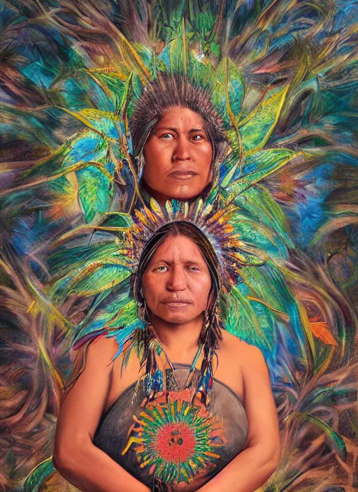 Image similar to a beautiful painting of an indigenous mother with open arms, facing camera, full body, matte painting, fantasy art, ayahuasca, highly detailed