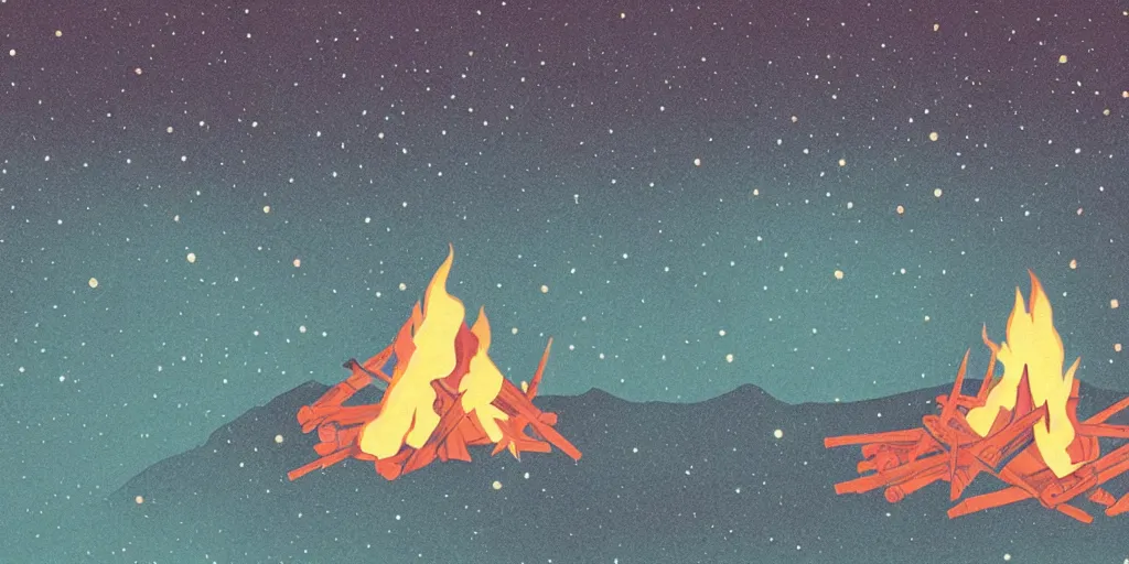 Image similar to a campfire under the stars, 1940s faded risograph print, illustration, limited color palette, earthtones, double-exposure, astrophotography