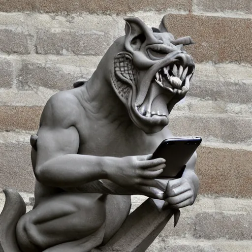 Image similar to a gargoyle using an ipad, happy expression