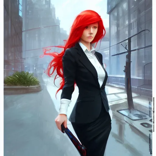 Image similar to a girl wearing a business suit, red hair, cinematic, stunning, highly detailed, digital painting, artstation, smooth, hard focus, illustration, art by artgerm and greg rutkowski and alphonse mucha