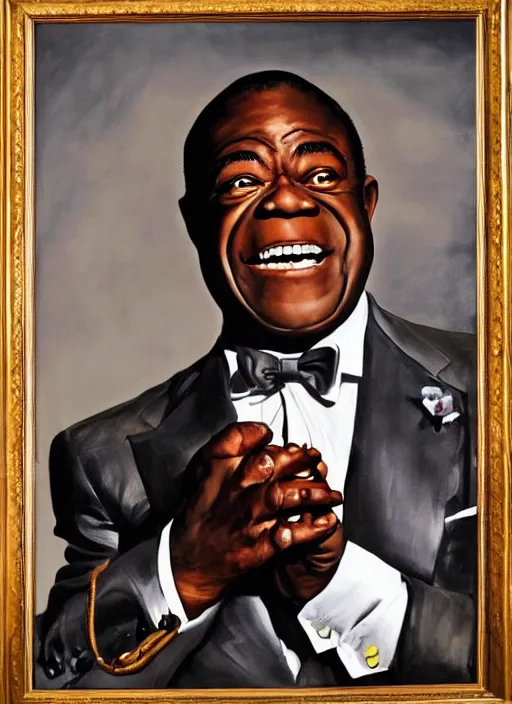 Image similar to a portrait of louis armstrong holding a white handkerchief, by kehinde wiley, dramatic lighting, highly detailed digital painting