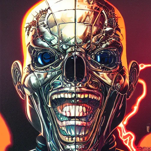 Prompt: portrait closeup of crazy black carbon terminator laughing, symmetrical, cinematic colors, by yoichi hatakenaka, masamune shirow, josan gonzales and dan mumford, ayami kojima, takato yamamoto, barclay shaw, karol bak, yukito kishiro