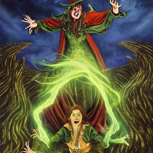 Image similar to epic fantasy painting of the wicked witch of the west summoning magical energy in order to shoot a huge fireball ; action pose, intense screaming expression, oz series, played by margaret hamilton, thatched worn rooftop background, art by adam hughes, in the style of adam hughes