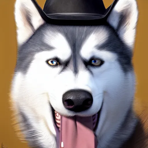 Image similar to a portrait painting of a husky in cowboy costume, wearing a cowboy hat, character design, trending on artstation