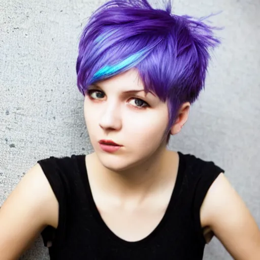 Prompt: photo of young cute punk girl with blue pixie cut, hyper detailed h - 1 0 2 4 w - 1 0 2 4