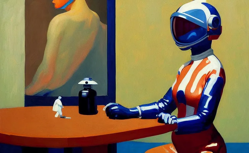 Image similar to Portrait of a woman astronaut with helmet and latex suit, very coherent, painted by Edward Hopper, painted by James Gilleard, airbrush, art by JamesJean