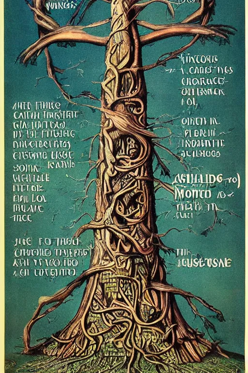 Image similar to vintage magazine advertisement depicting all of the knowledge in the world as a tree, by hr giger