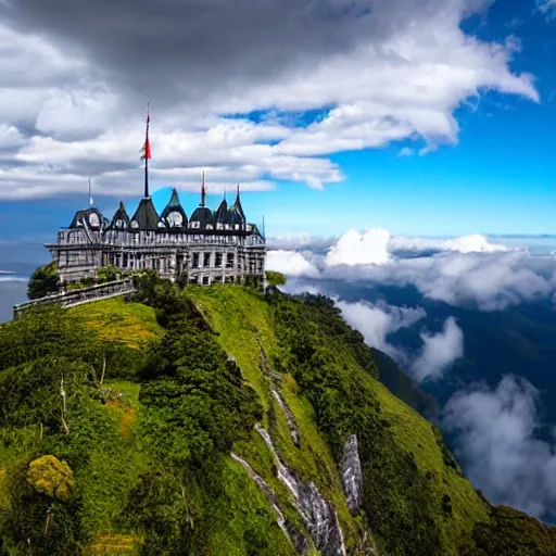 Image similar to grand Castle on top of Auckland mountain, clouds, sun