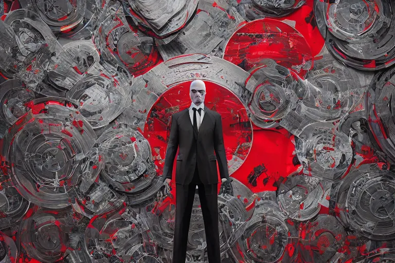 Image similar to an expressive portrait of agent 4 7 from hitman wearing headphones standing on a floor of vinyl records, dark background, red rim light, digital art, artstation, concept art by giger stalenhag